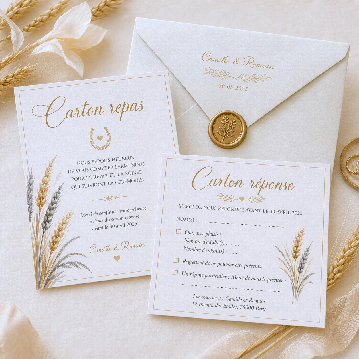 Carte réponse et repas assortie au faire-part