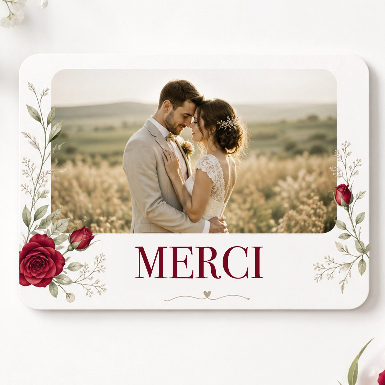Carte de remerciement avec fleurs et photo