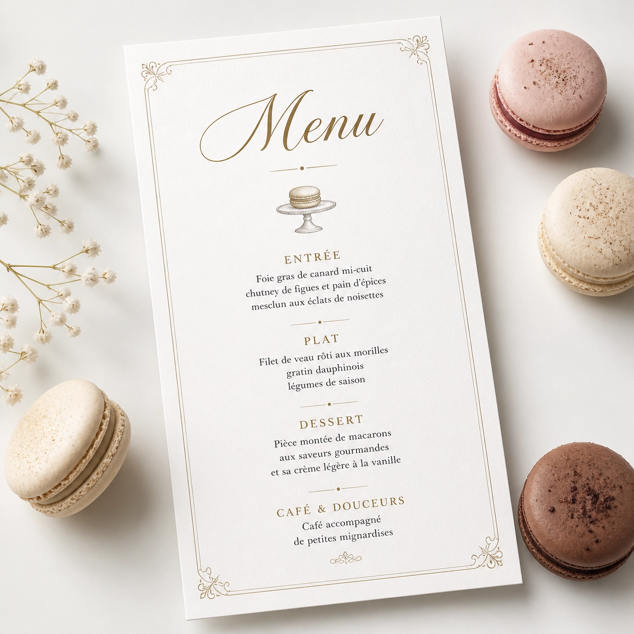 Menu de mariage illustré en recto verso