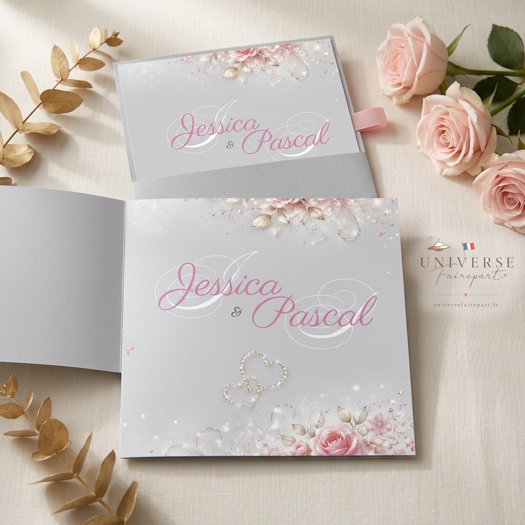 N°170 faire-part mariage champêtre rose argenté