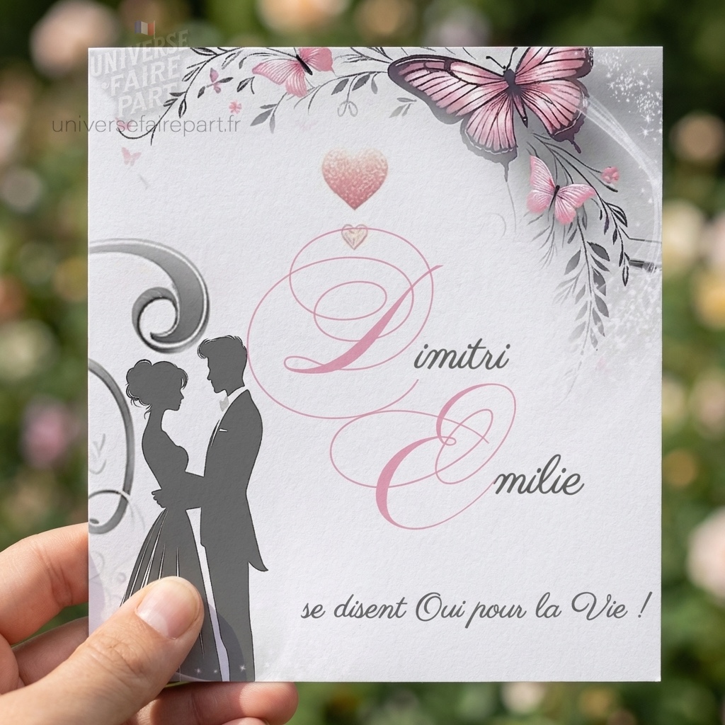 N°266 - Faire-part Vol de Bonheur Papillons Roses