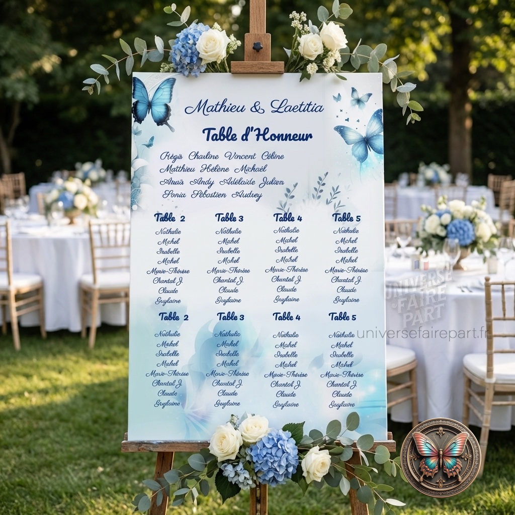 N°162.4 – Plan de table Bleu Ciel Papillons et OrchidĂ©es