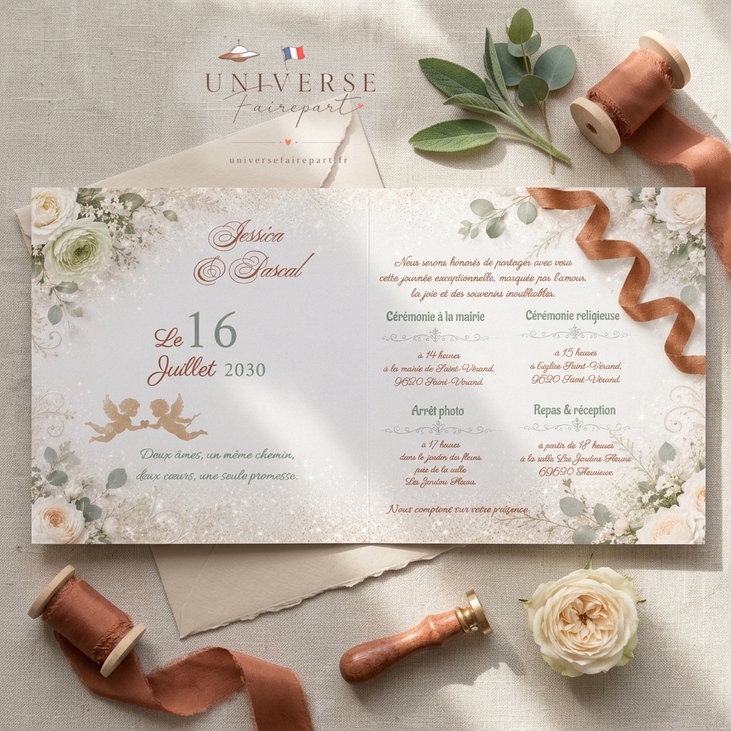 N°34 Faire-part mariage champêtre aux anges terracotta et sauge
