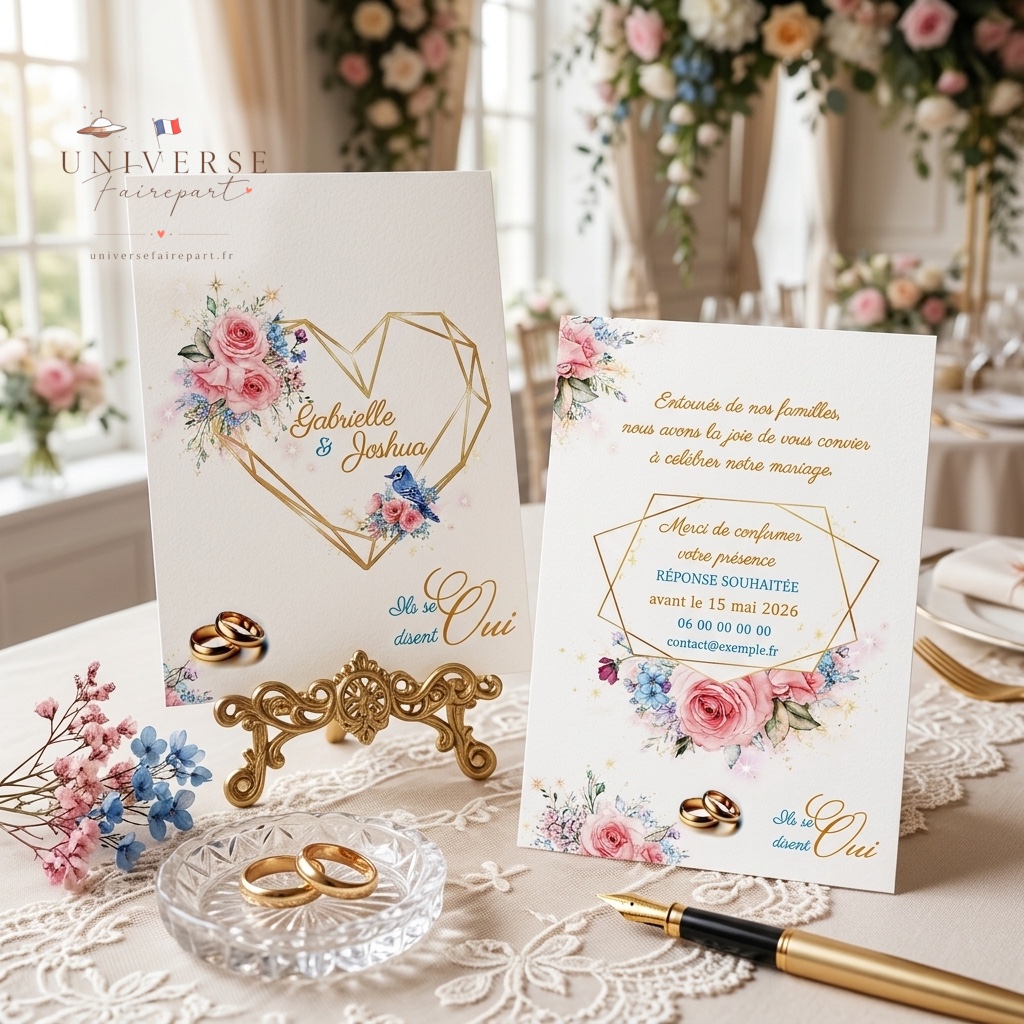 N°376 faire-part mariage au cœur doré champêtre
