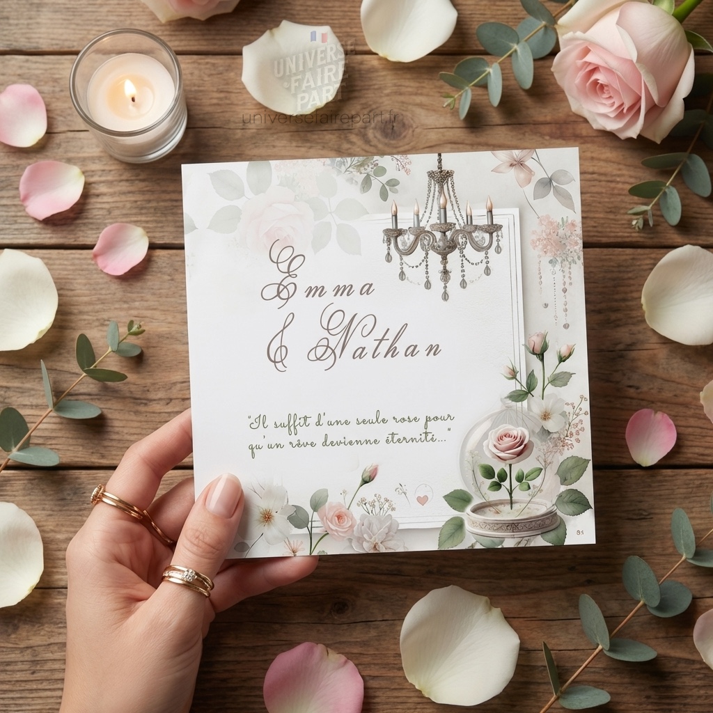 N°360 – Un mariage enchanteur Faire-part champêtre fleuri rose éternelle