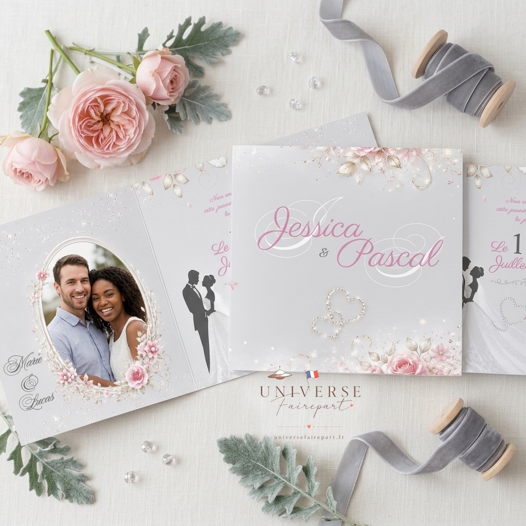 N°170 faire-part mariage champêtre rose argenté