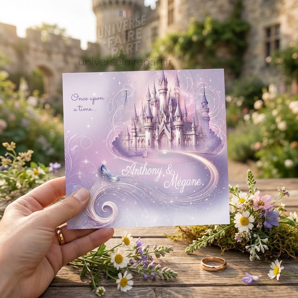 n°67 faire-part mariage Château de Cendrillon Parme et rose