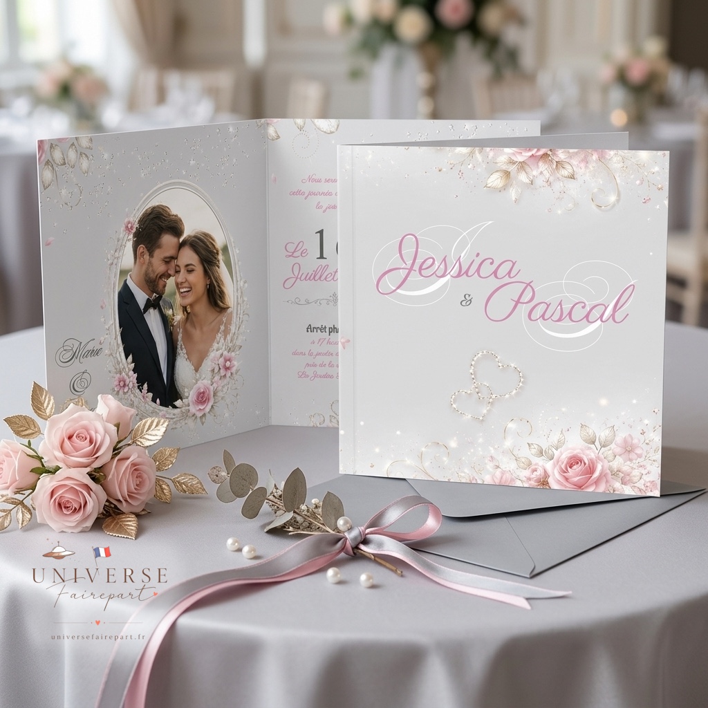 N°170 faire-part mariage champêtre rose argenté