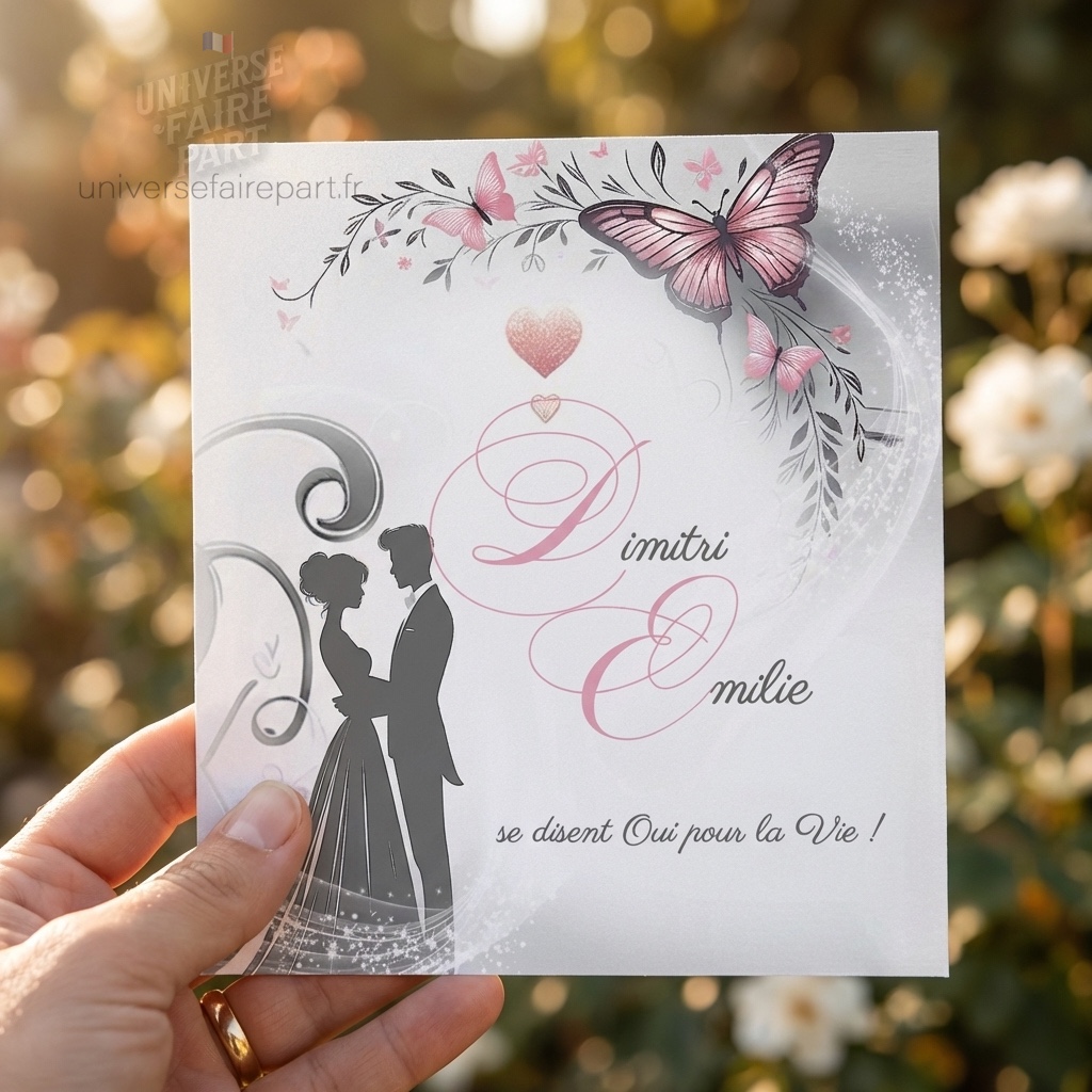 N°266 - Faire-part Vol de Bonheur Papillons Roses