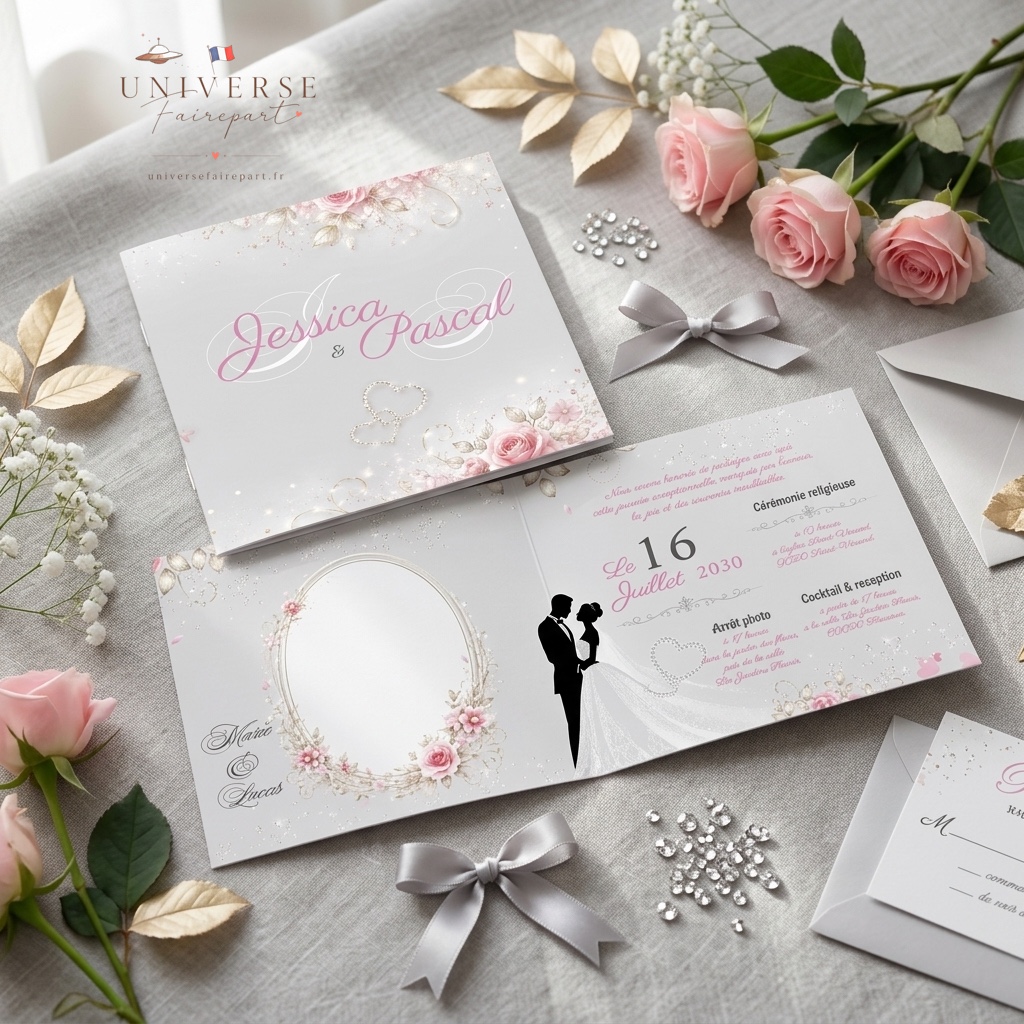 N°170 faire-part mariage champêtre rose argenté