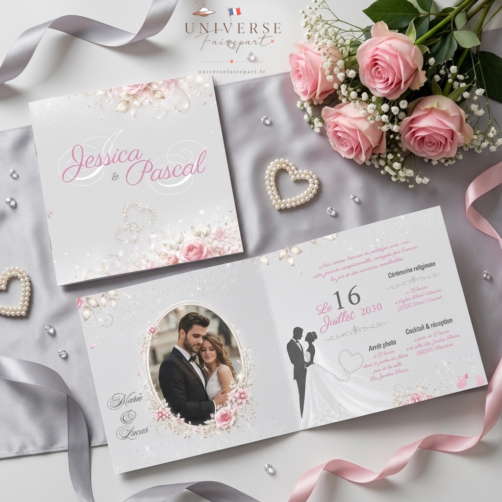 N°170 faire-part mariage champêtre rose argenté