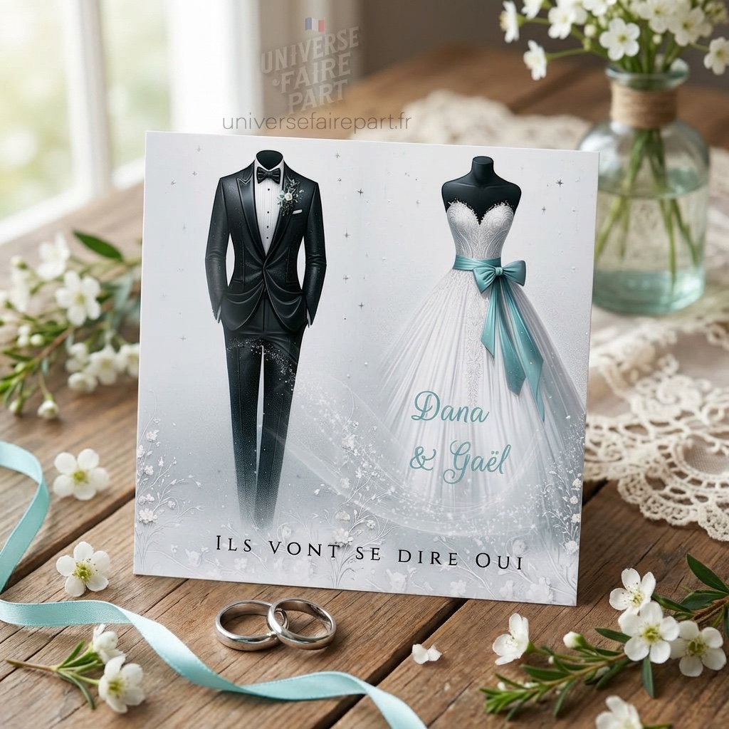 N°1 – Faire-part Amour Éternel en turquoise et blanc