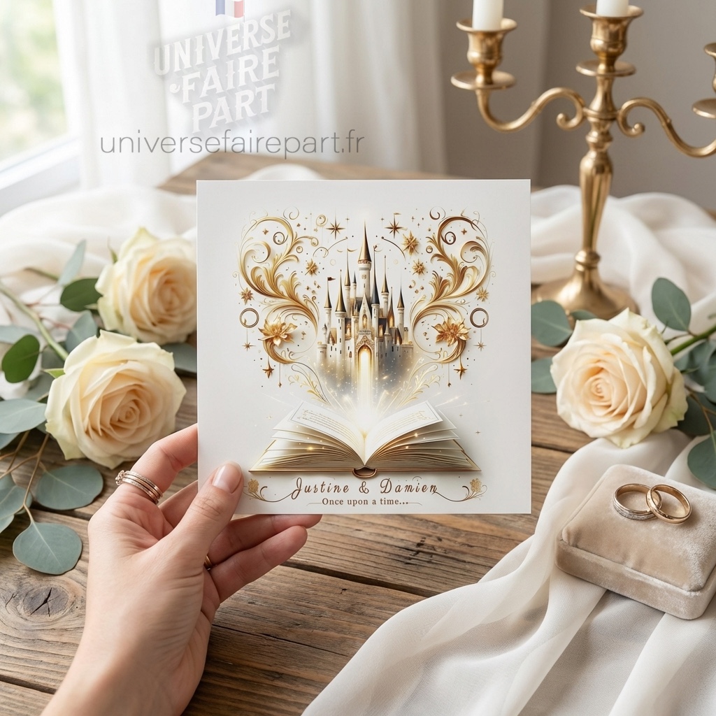 N°6 – Faire-part mariage Château Or conte de fées