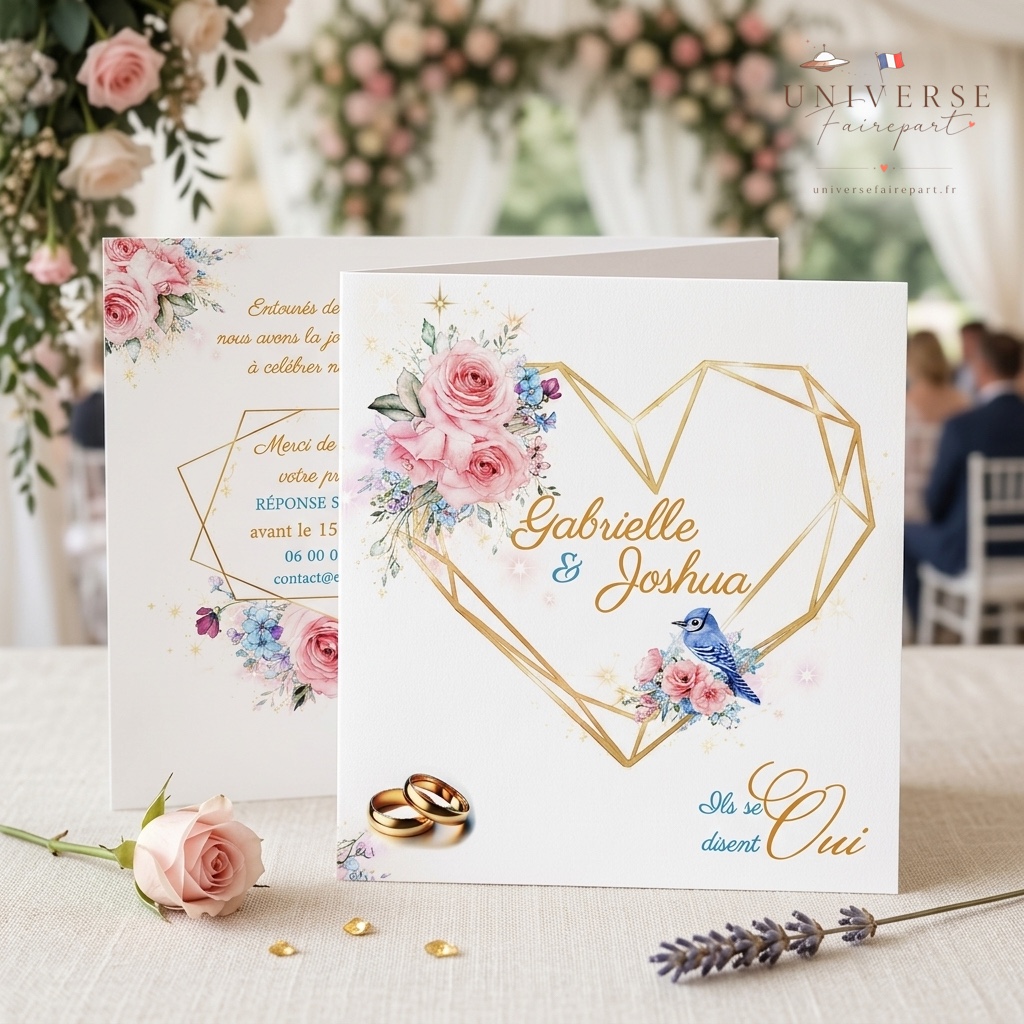 N°376 faire-part mariage au cœur doré champêtre