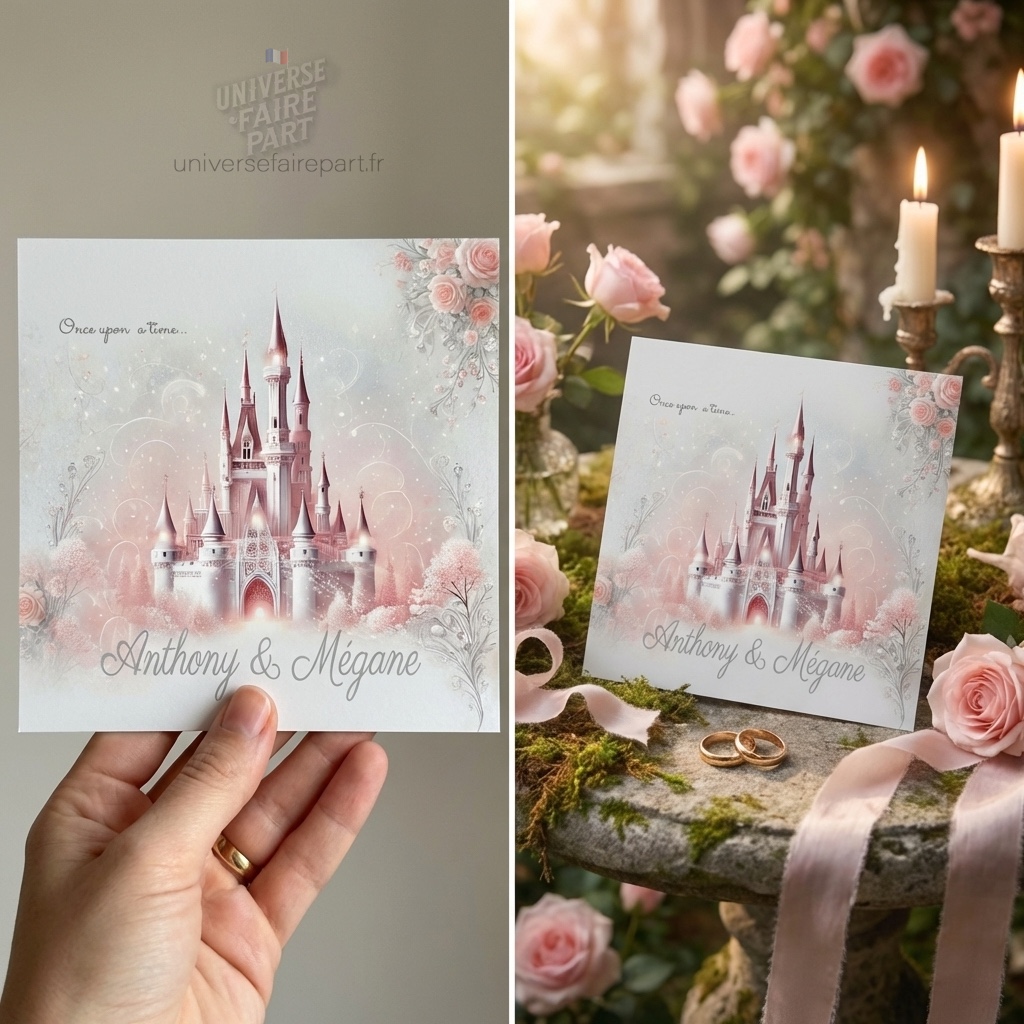 N°11- Faire-part Pastel avec Château Rose Dessiné à la Main
