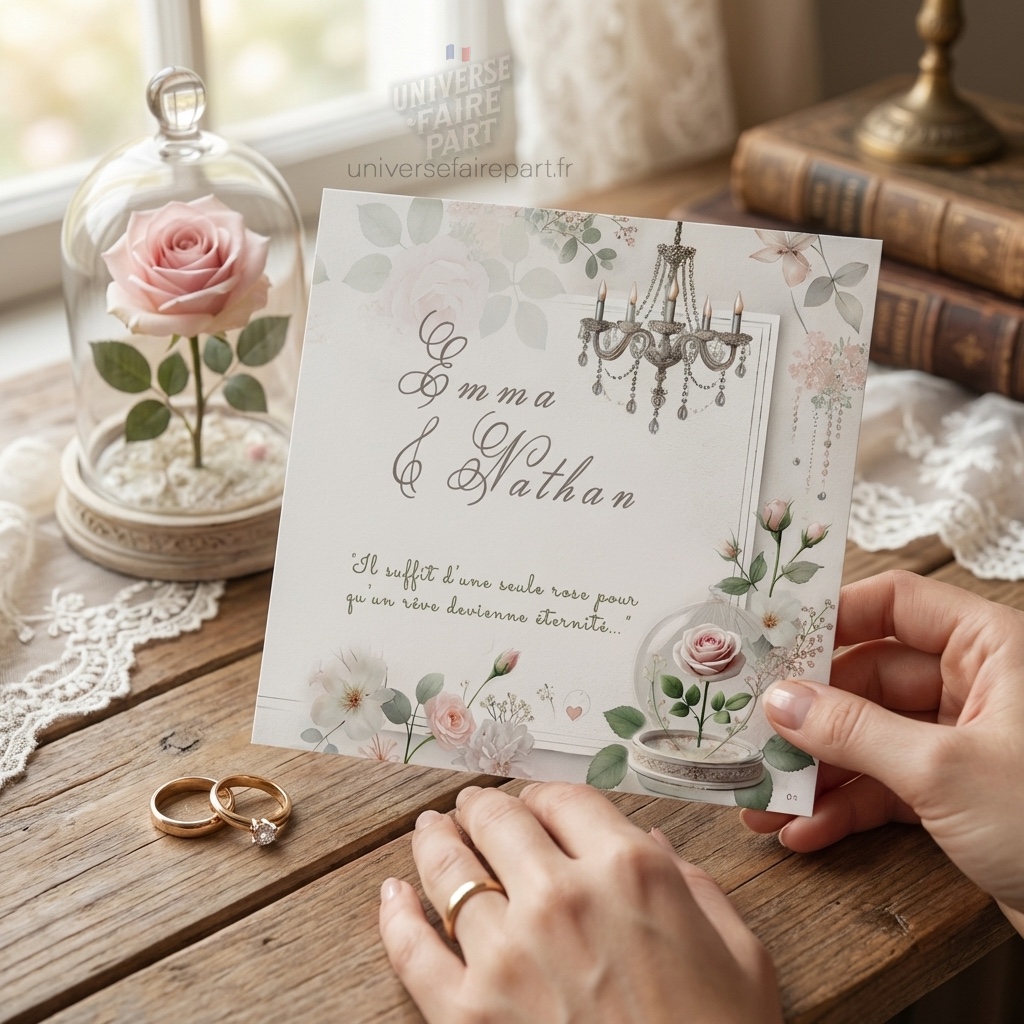 N°360 – Un mariage enchanteur Faire-part champêtre fleuri rose éternelle