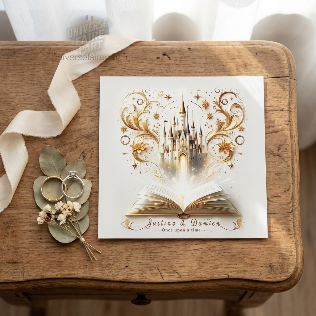 N°6 - Faire-part mariage Château Or conte de fées