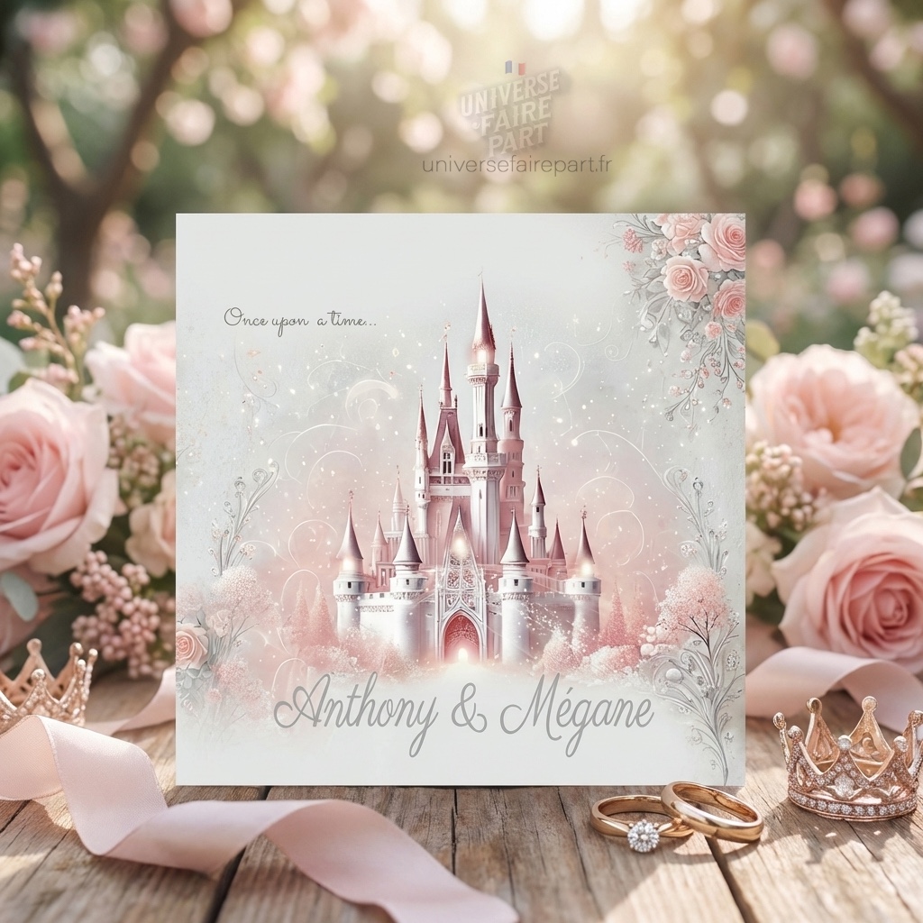 N°11- Faire-part Pastel avec Château Rose Dessiné à la Main