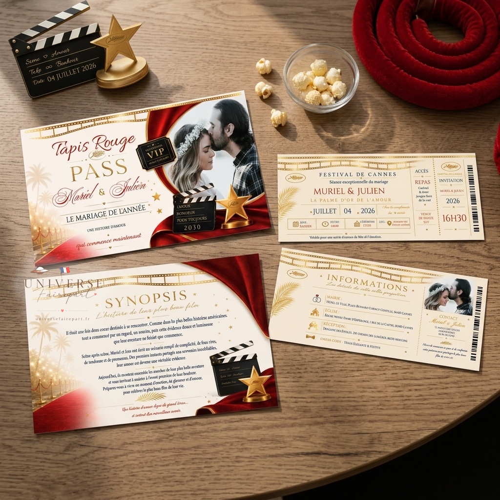 N°16 Faire-part mariage Cinéma + ticket de festival de Cannes