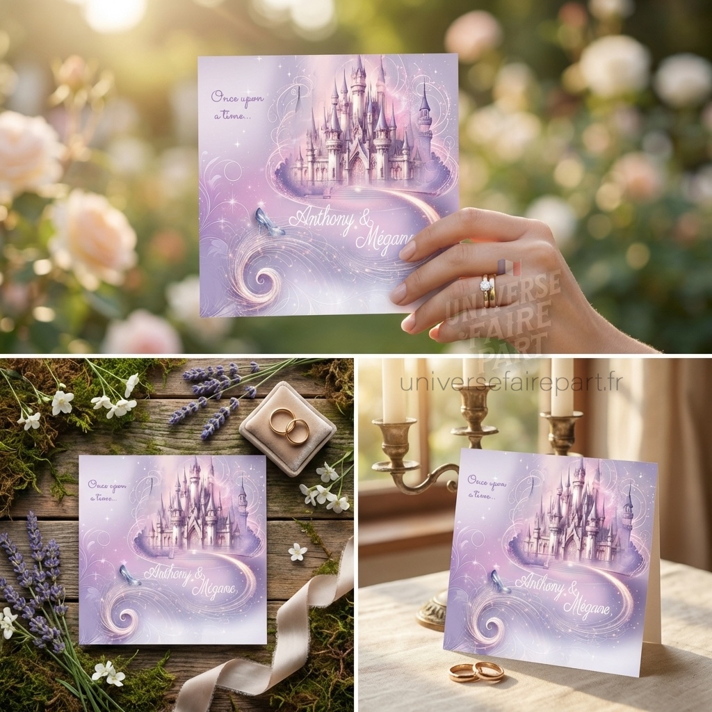 n°67 faire-part mariage Château de Cendrillon Parme et rose