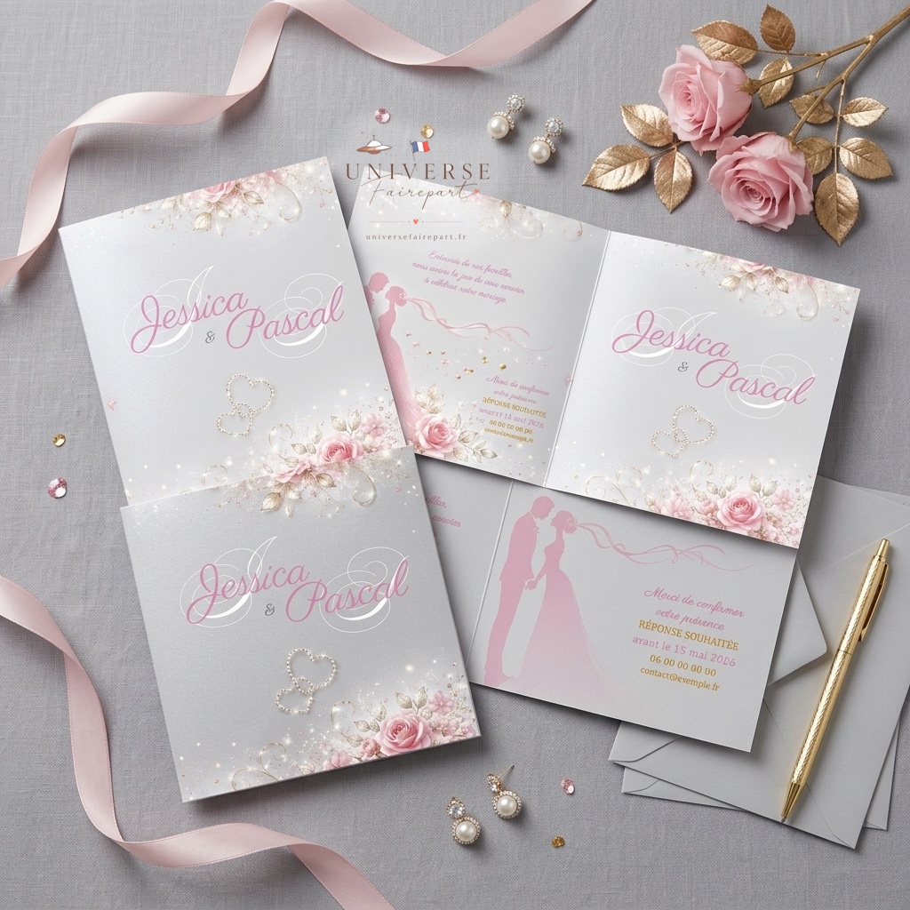 N°170 faire-part mariage champêtre rose argenté