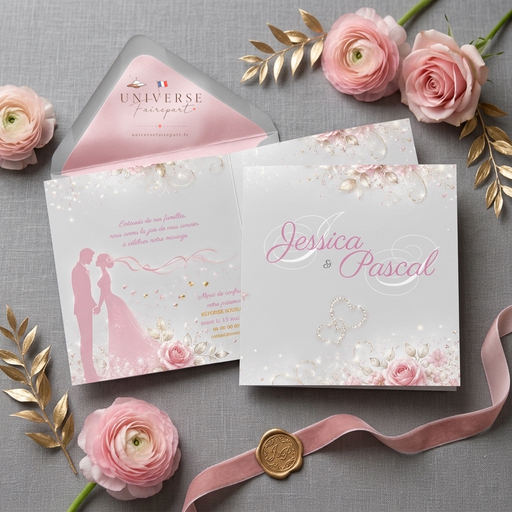 N°170 faire-part mariage champêtre rose argenté
