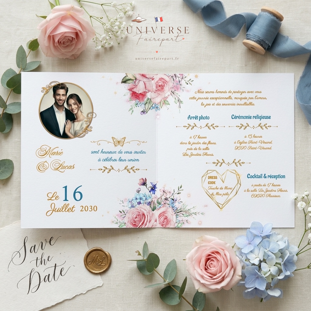 N°376 faire-part mariage au cœur doré champêtre
