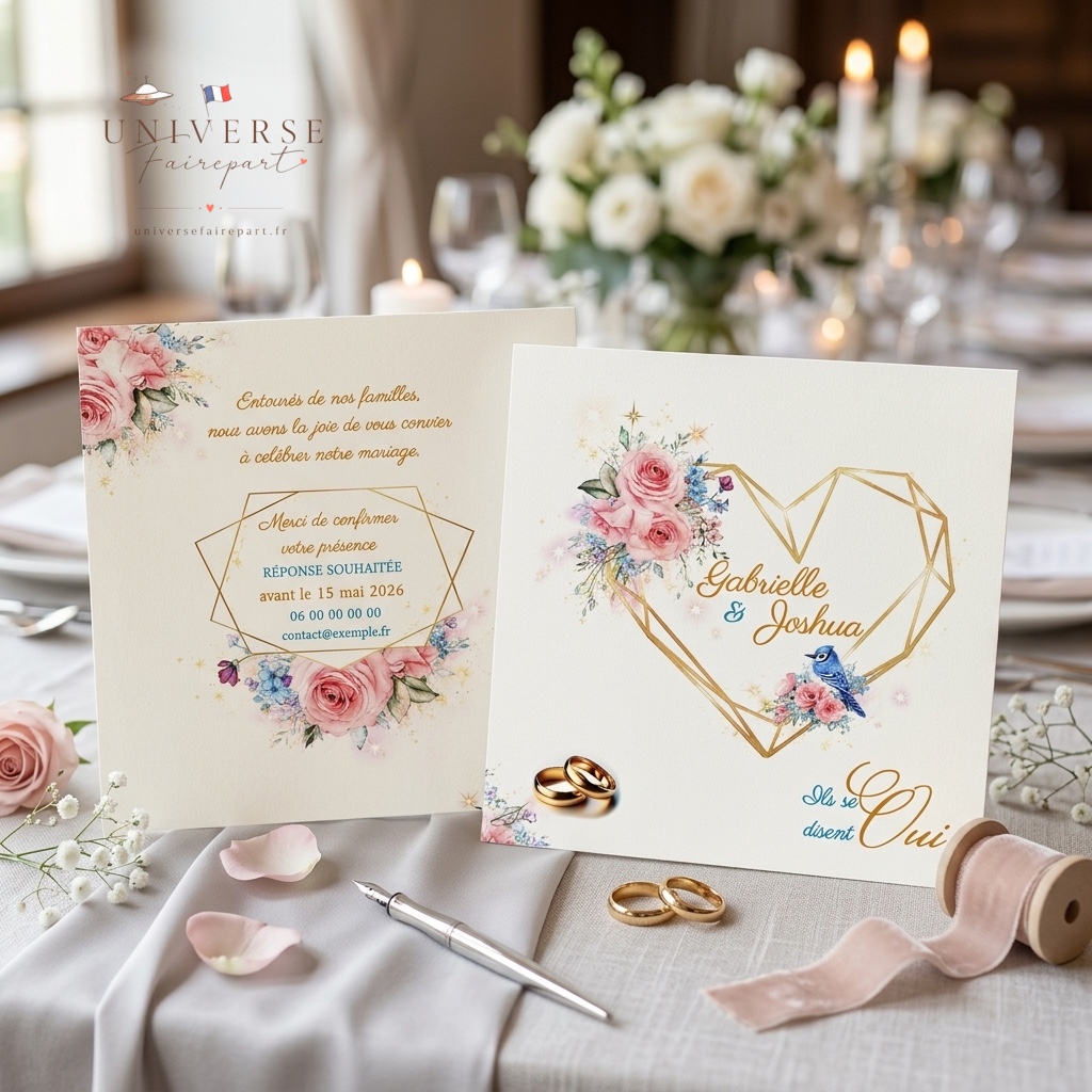 N°376 faire-part mariage au cœur doré champêtre