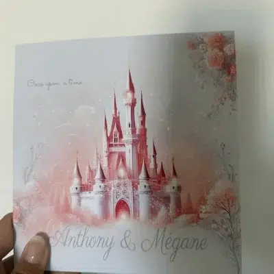 N°11- Faire-part Pastel avec Château Rose Dessiné à la Main