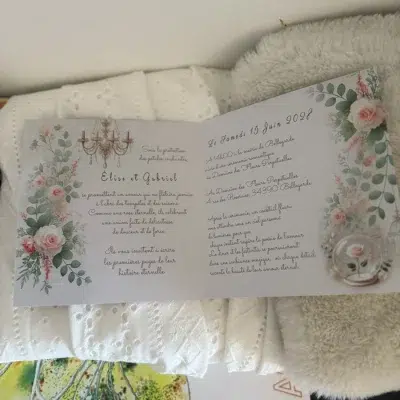 N°360 - Un mariage enchanteur Faire-part champêtre fleuri rose éternelle