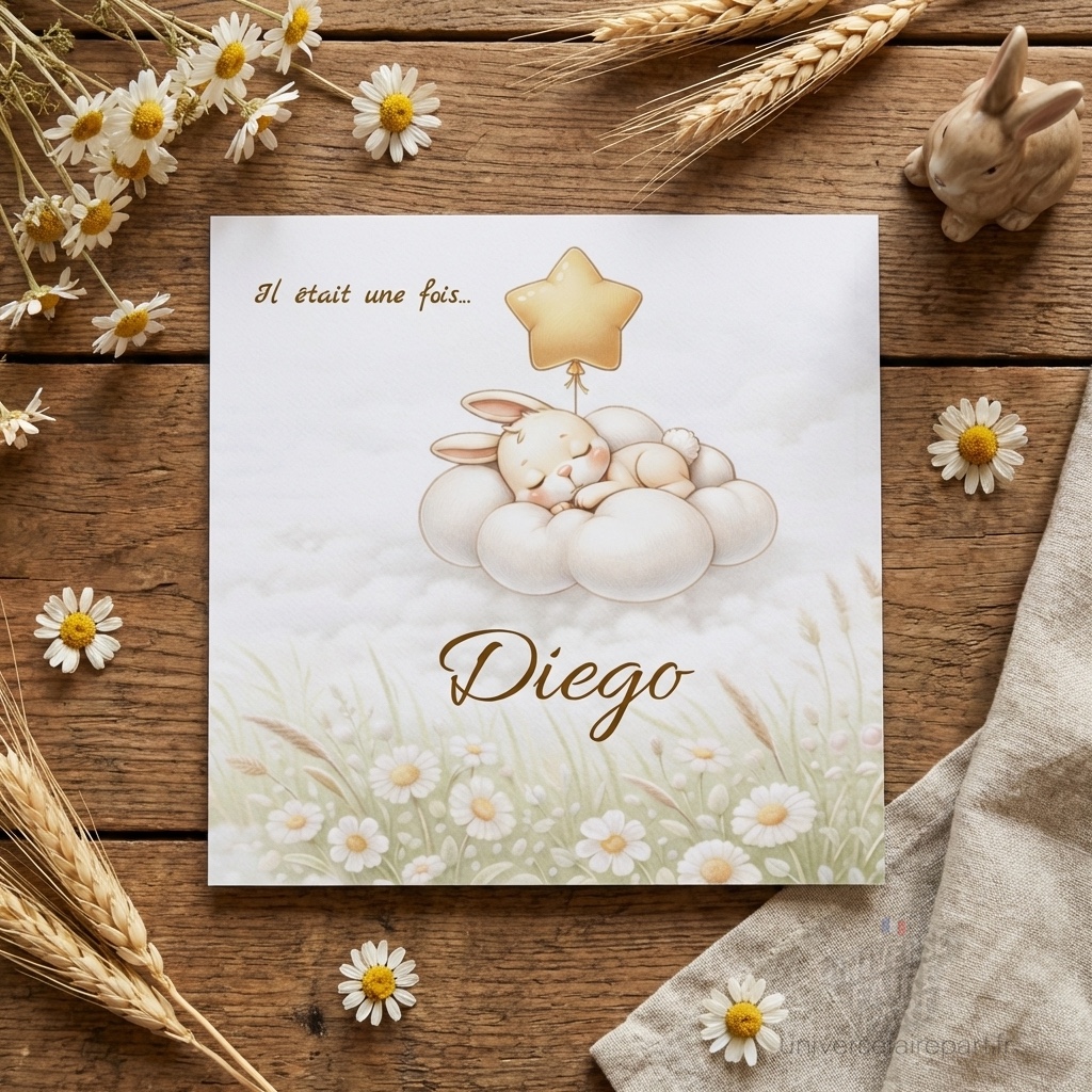 N°117 - Faire-part Original : Petit lapin vert d'eau pastel fleuri