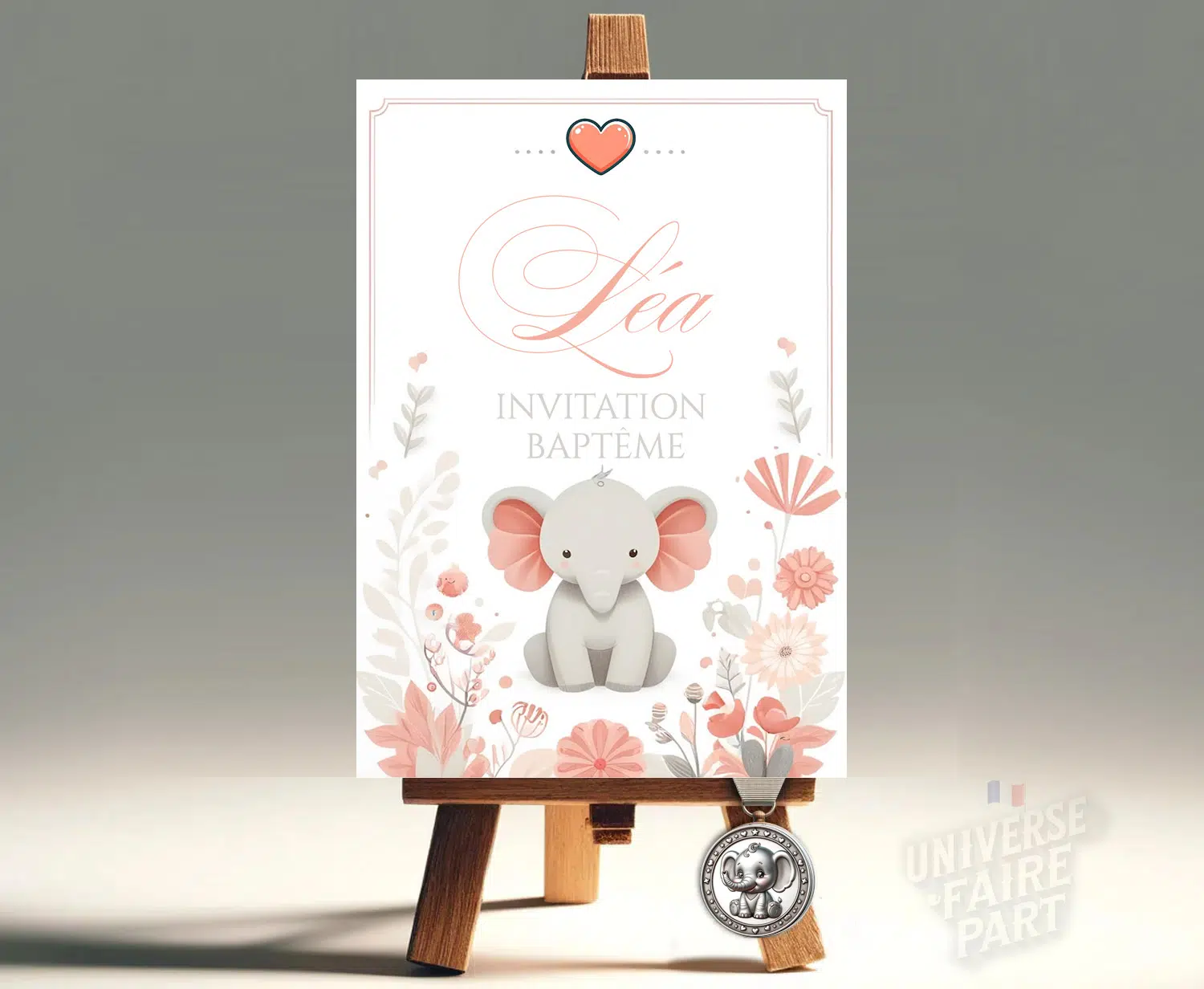 N°124 - Faire-part Petit l'éléphant Adorable Corail et plan
