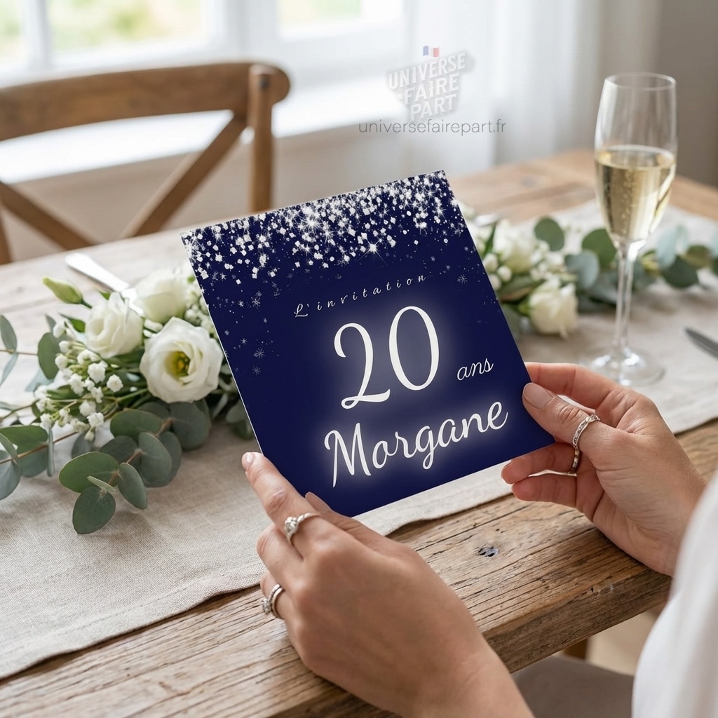 N°301- PREMIUM Faire-part Diamant Bleu pour un Anniversaire Inoubliable