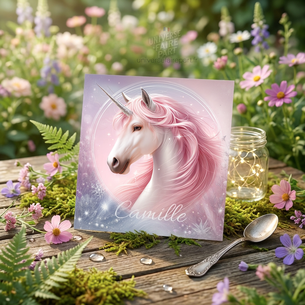 N°144 – Faire-part La magnifique Licorne rose poudrée
