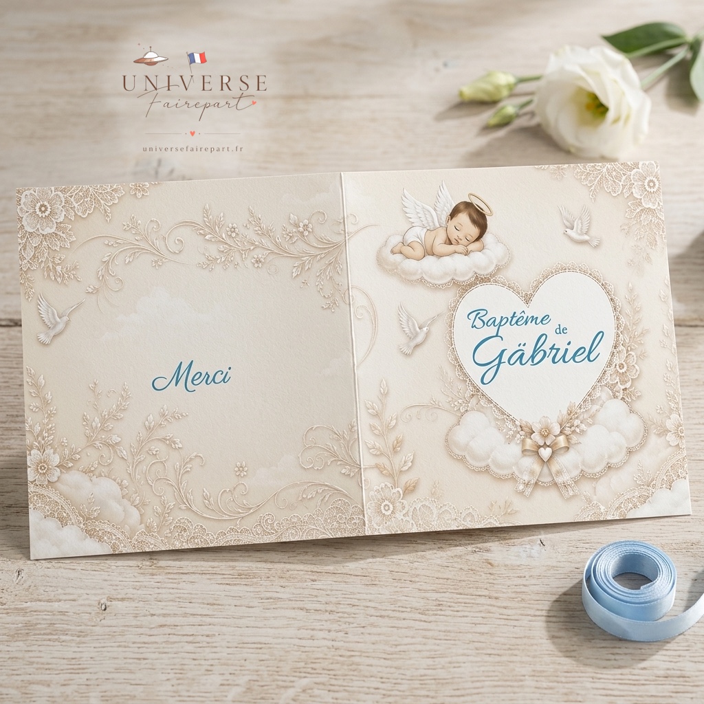 N° 58 Faire-part naissance Ange et Plume Bois et Dentelle