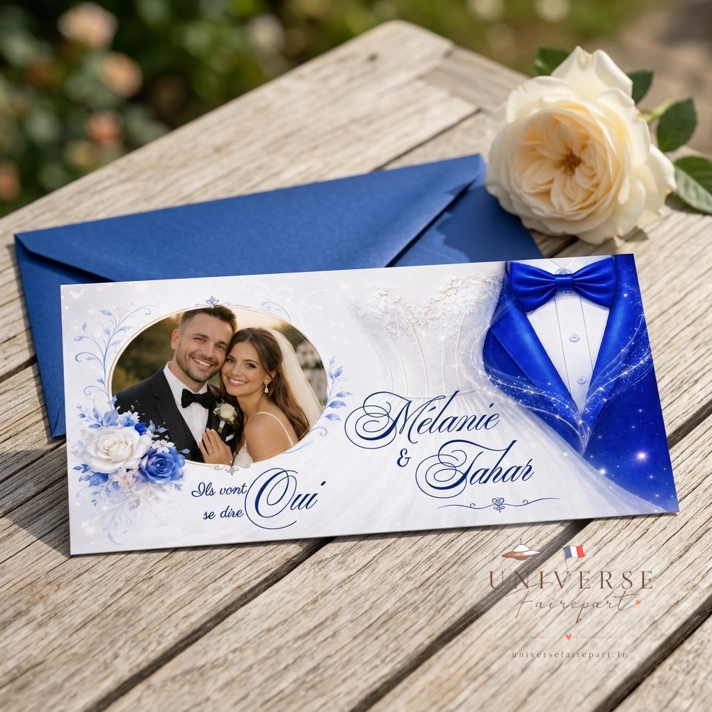 N°131 Faire-part Fusion des Cœurs en bleu mariage d’amour format paysage