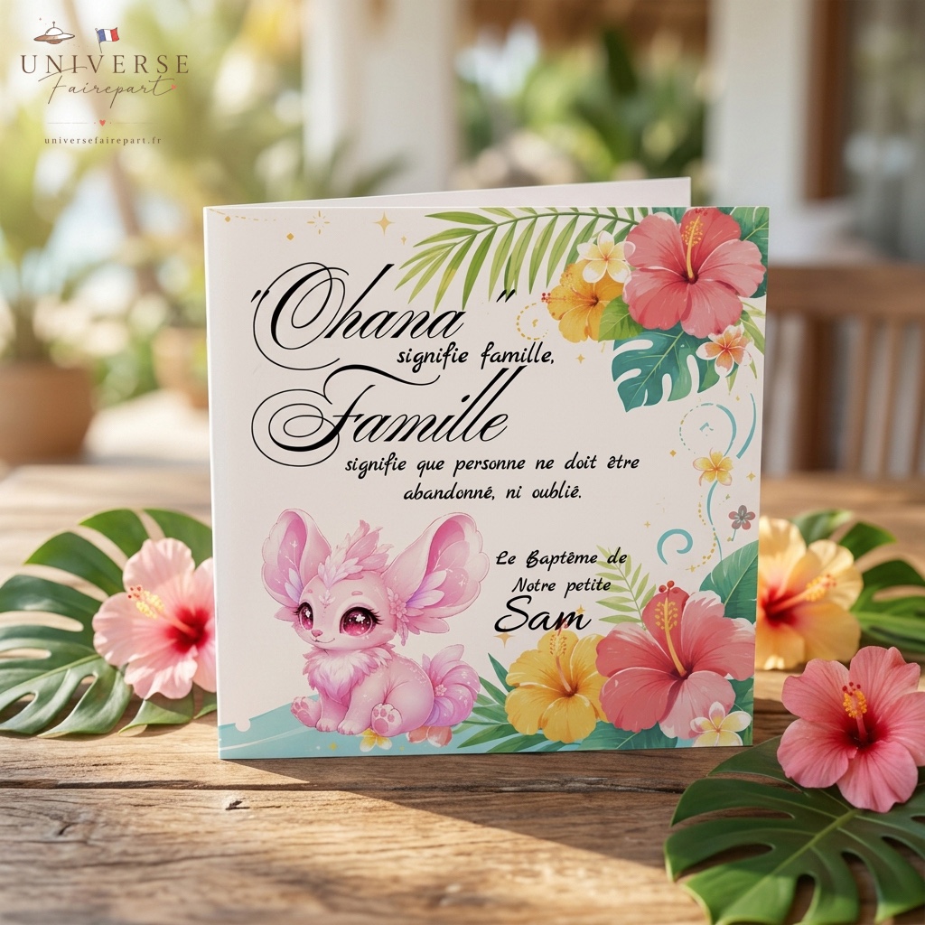 N°361 Faire-part Fleur d&rsquo;Hawaii Ohana signifie famille Angel