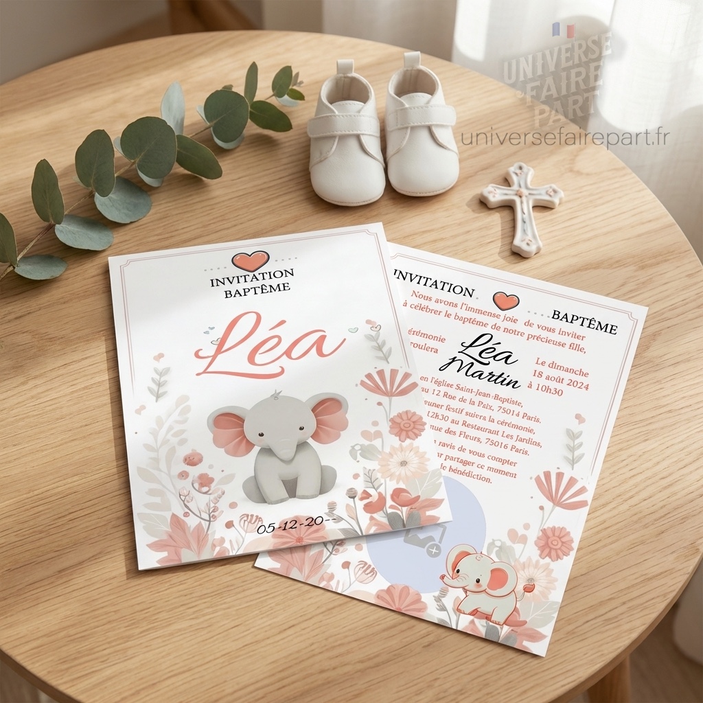 N°124 – Faire-part Petit l&rsquo;éléphant Adorable Corail et Blanc