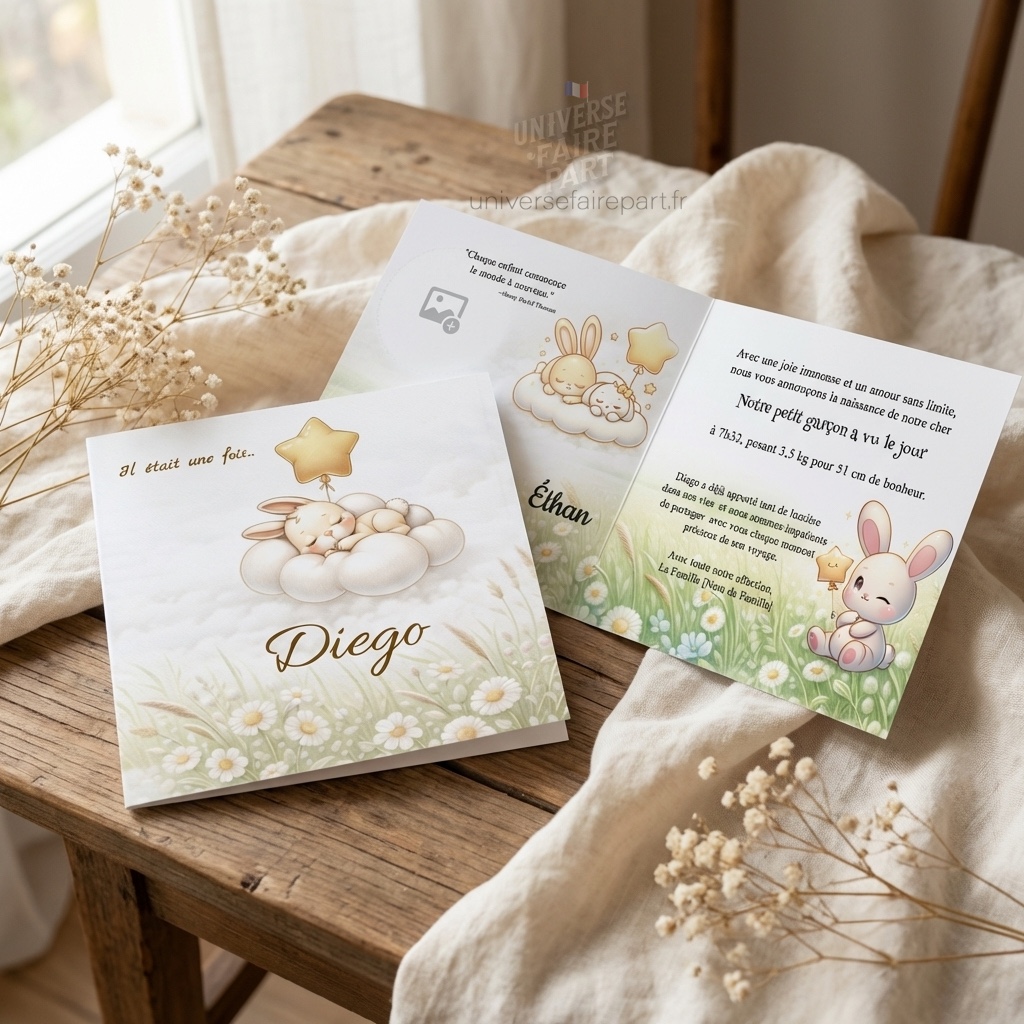 N°117 - Faire-part Original : Petit lapin vert d'eau pastel fleuri