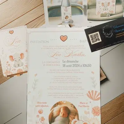 N°124 - Faire-part Petit l'éléphant Adorable Corail et Blanc
