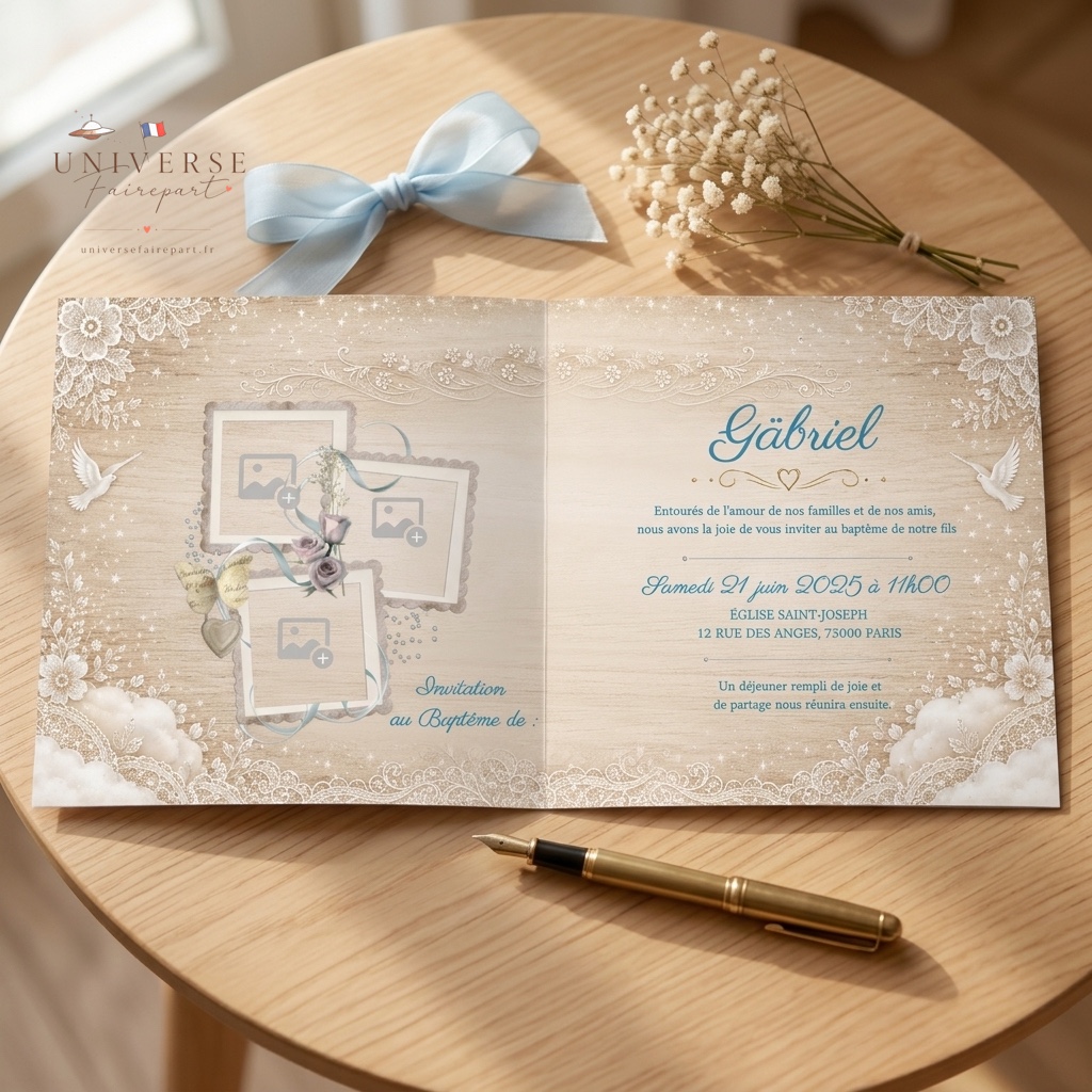 N° 58 Faire-part naissance Ange et Plume Bois et Dentelle