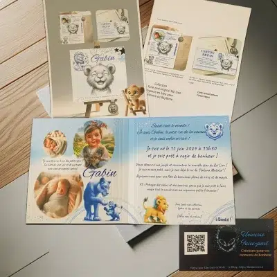N°534- Faire-part original Roi Lion crayonné en bleu pour naissance ou Baptême