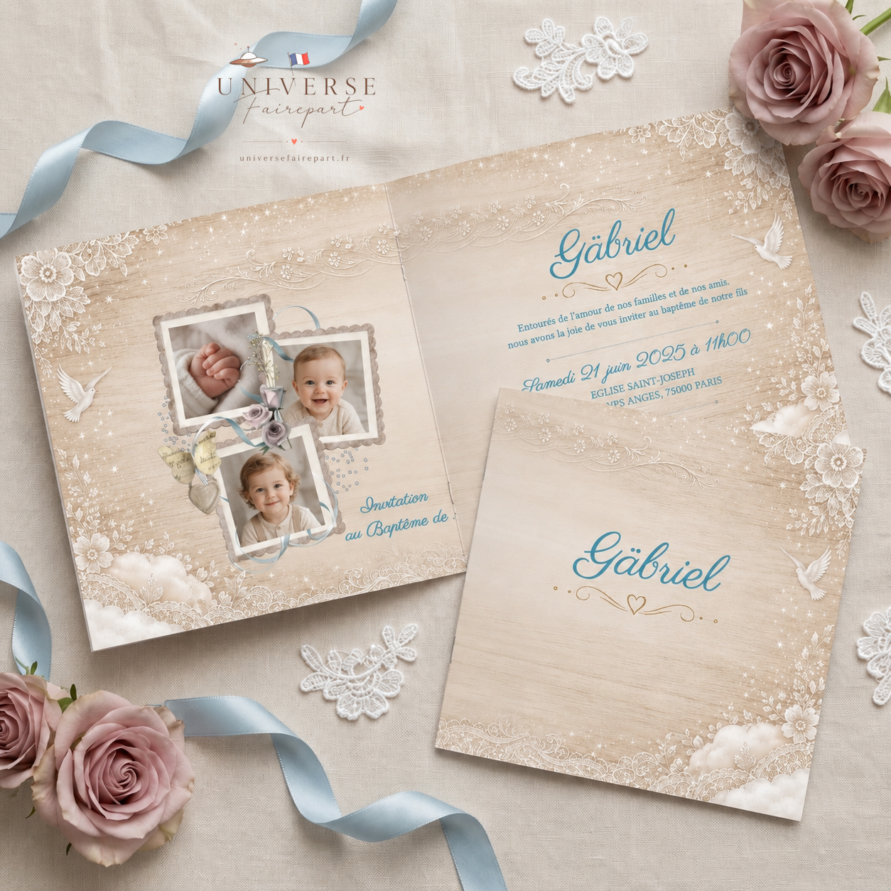 N° 58 Faire-part naissance Ange et Plume Bois et Dentelle