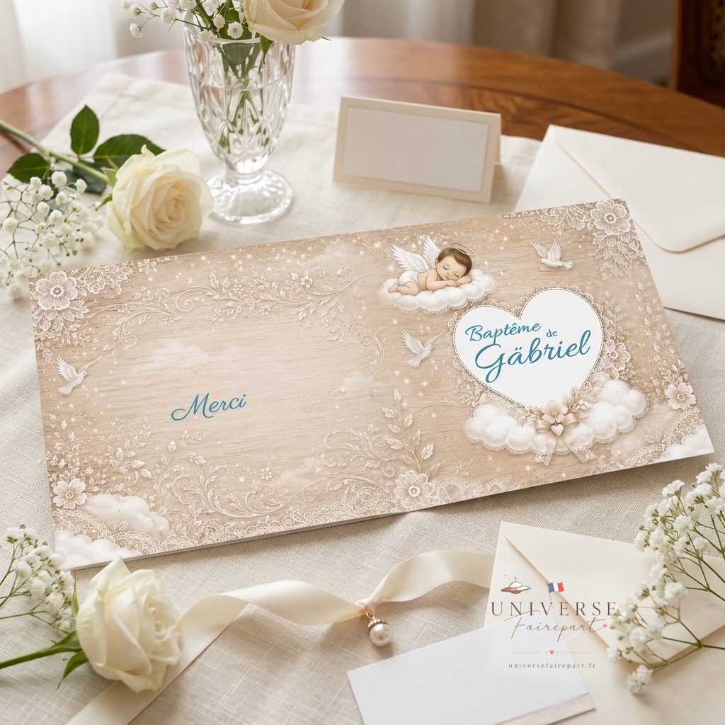 N° 58 Faire-part naissance Ange et Plume Bois et Dentelle