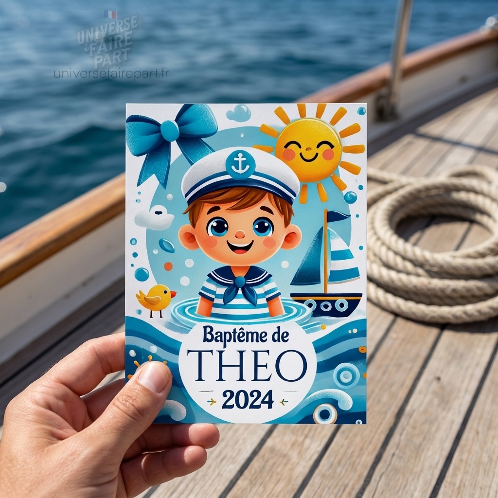 N°319- Faire-part  Le Petit Navire, entre bateau, dauphin et mer enchantée