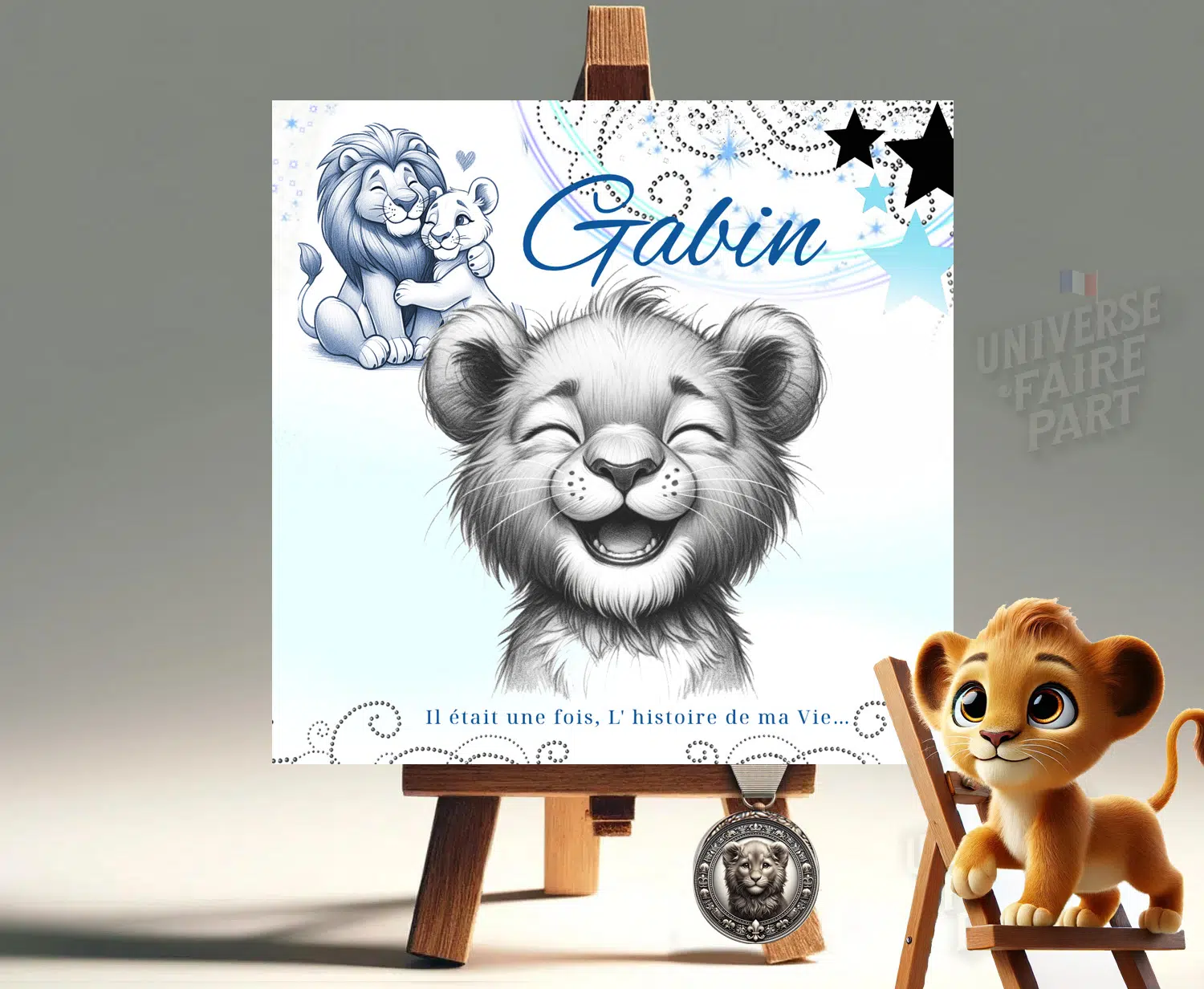 N°534- Faire-part original Roi Lion crayonné en bleu pour naissance ou Baptême