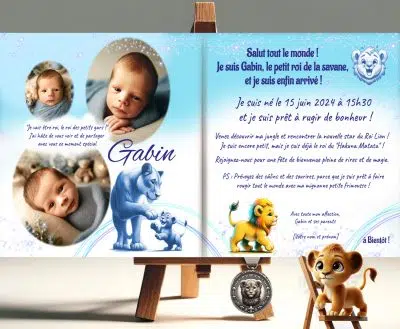 N°534- Faire-part original Roi Lion crayonné en bleu pour naissance ou Baptême