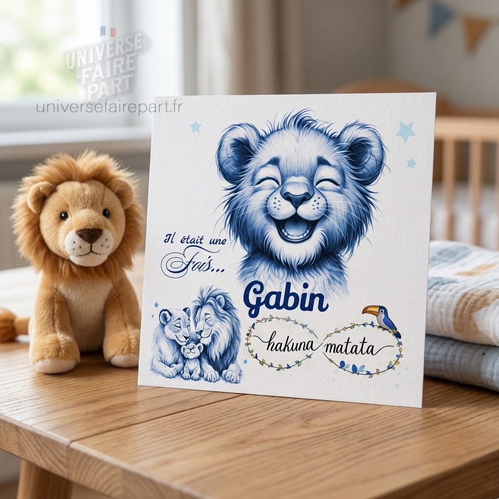 N°534- Faire-part original Roi Lion crayonné en bleu  pour naissance ou Baptême