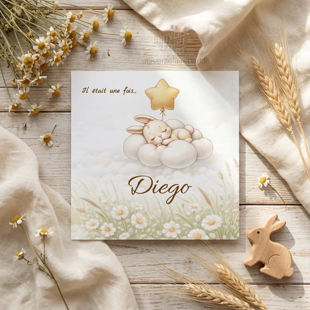 N°117 – Faire-part Original : Petit lapin vert d&rsquo;eau pastel fleuri