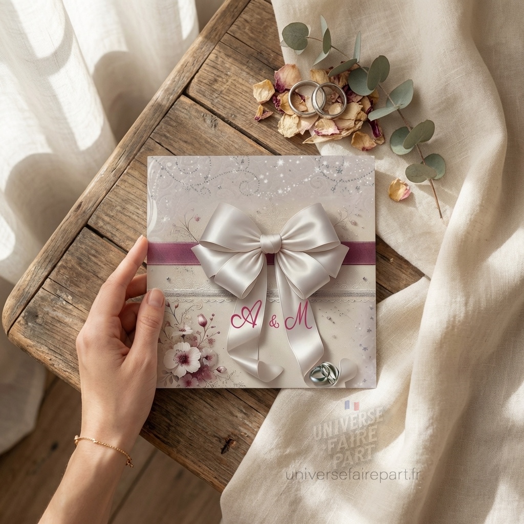 N°401 – Élégance en Douceur : Faire-part avec Noeud Blanc